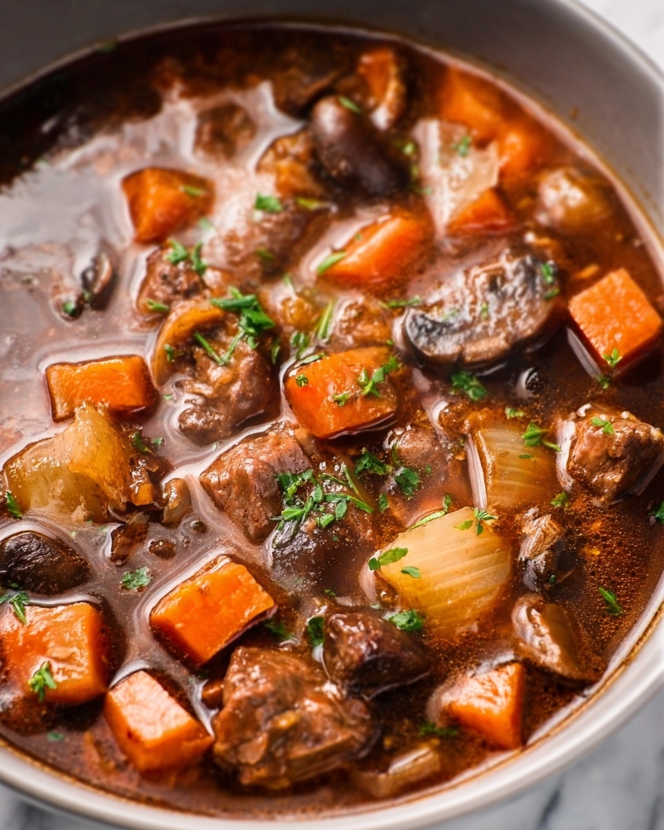A close-up view of a stew in a white bowl filled with small cubed orange carrots, tender slices of brown meat, translucent onion pieces, and dark mushrooms all mixed in a rich, dark brown broth. The surface has a bit of shine, showing a moist texture, and small green herbs are sprinkled lightly on top, adding color contrast. The bowl is placed on a white marbled surface. Photo taken with an iphone --ar 4:5 --v 7