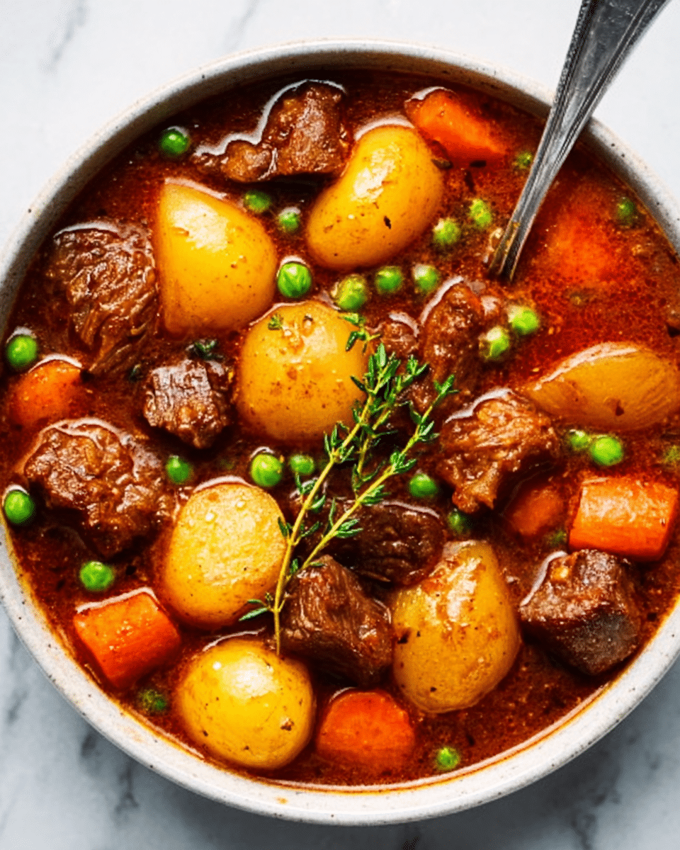 The image shows a round white bowl filled with a hearty beef stew resting on a white marbled surface. The stew has large, shiny brown chunks of beef scattered evenly throughout. There are whole golden-yellow baby potatoes and thick, bright orange carrot pieces arranged around the meat. Small green peas float in the rich, reddish-brown broth that fills the bowl. A silver spoon is placed inside, leaning on the edge of the bowl. A small sprig of fresh green thyme lies on top, adding a touch of color. The photo taken with an iphone --ar 4:5 --v 7