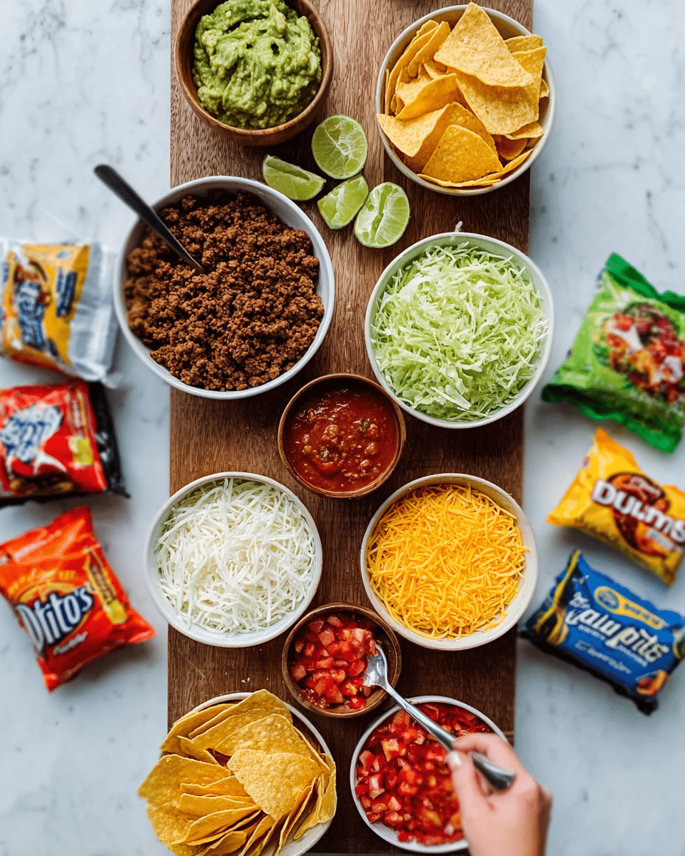 The image shows a long wooden board on a white marbled surface holding several round white bowls filled with taco ingredients. Starting from the left, there is a bowl of brown cooked ground meat, next to it a small bowl of white shredded cheese. Above these, a bowl of guacamole is placed at the top left. To the right of the meat is a bowl with grated yellow cheese topped with two lime slices. Next, there is a bowl of shredded lettuce with two lime slices on top. Moving further right, a bowl of red salsa is positioned, with a smaller bowl below containing diced red tomatoes. On the far right, a bowl with yellow melted cheese is visible. Behind these bowls, three colorful snack bags stand upright against the white marbled surface. A woman's hand is seen holding a small spoon scooping diced tomatoes into the bowl. The whole arrangement is well lit and neatly organized, showing a variety of textures and colors from the ingredients. photo taken with an iphone --ar 4:5 --v 7