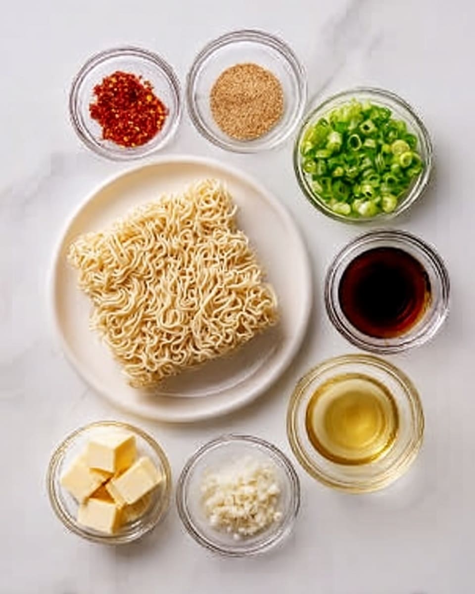 The image shows a white round plate with a block of dry ramen noodles placed on the left side. Surrounding the plate on a white marbled surface are small clear glass bowls each filled with different ingredients: red chili flakes, a dark soy sauce, small yellow butter cubes, chopped green onions, light brown miso paste, a golden liquid (likely oil), minced garlic, and a pale liquid broth. Each ingredient is evenly spaced around the plate, creating a neat and organized layout. The photo taken with an iphone --ar 4:5 --v 7