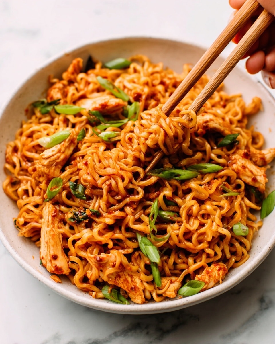 A white bowl filled with cooked noodles mixed with small pieces of cooked chicken that look soft and slightly browned. The noodles are coated in a reddish-brown sauce and mixed with green onions scattered on top for a fresh touch. A pair of wooden chopsticks are held by a woman's hand, picking up a bundle of noodles and chicken from the bowl. The bowl is placed on a surface with a white marbled texture. photo taken with an iphone --ar 4:5 --v 7