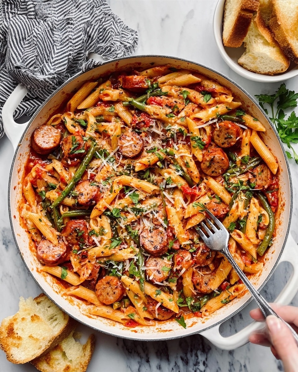 The image shows a round white pan filled with cooked penne pasta, layered with slices of browned sausage scattered throughout. There are visible pieces of green beans mixed in, adding a splash of green color. The pasta is coated in a red tomato sauce that covers the bottom and lifts some pasta pieces. Chopped fresh herbs like parsley are sprinkled on top along with small bits of melted cheese and black pepper. The pan rests on a white marbled surface with a striped gray cloth in the top left corner and a woman's hand holding a fork on the top right edge. There is a white bowl with toasted bread pieces nearby. photo taken with an iphone --ar 4:5 --v 7