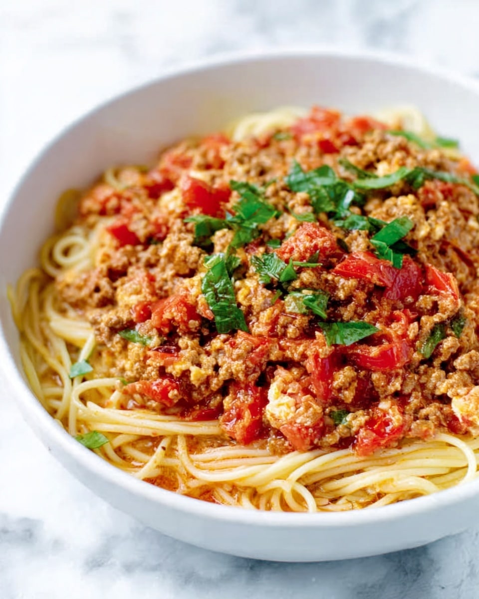 A white bowl filled with spaghetti pasta at the bottom layer, topped with a rich mixture of ground meat and diced tomatoes in a slightly chunky sauce with a reddish color. Fresh green herbs are scattered on top, adding a pop of color. The texture looks hearty yet soft. The bowl sits on a white marbled surface, creating a clean and bright setting. Photo taken with an iphone --ar 4:5 --v 7