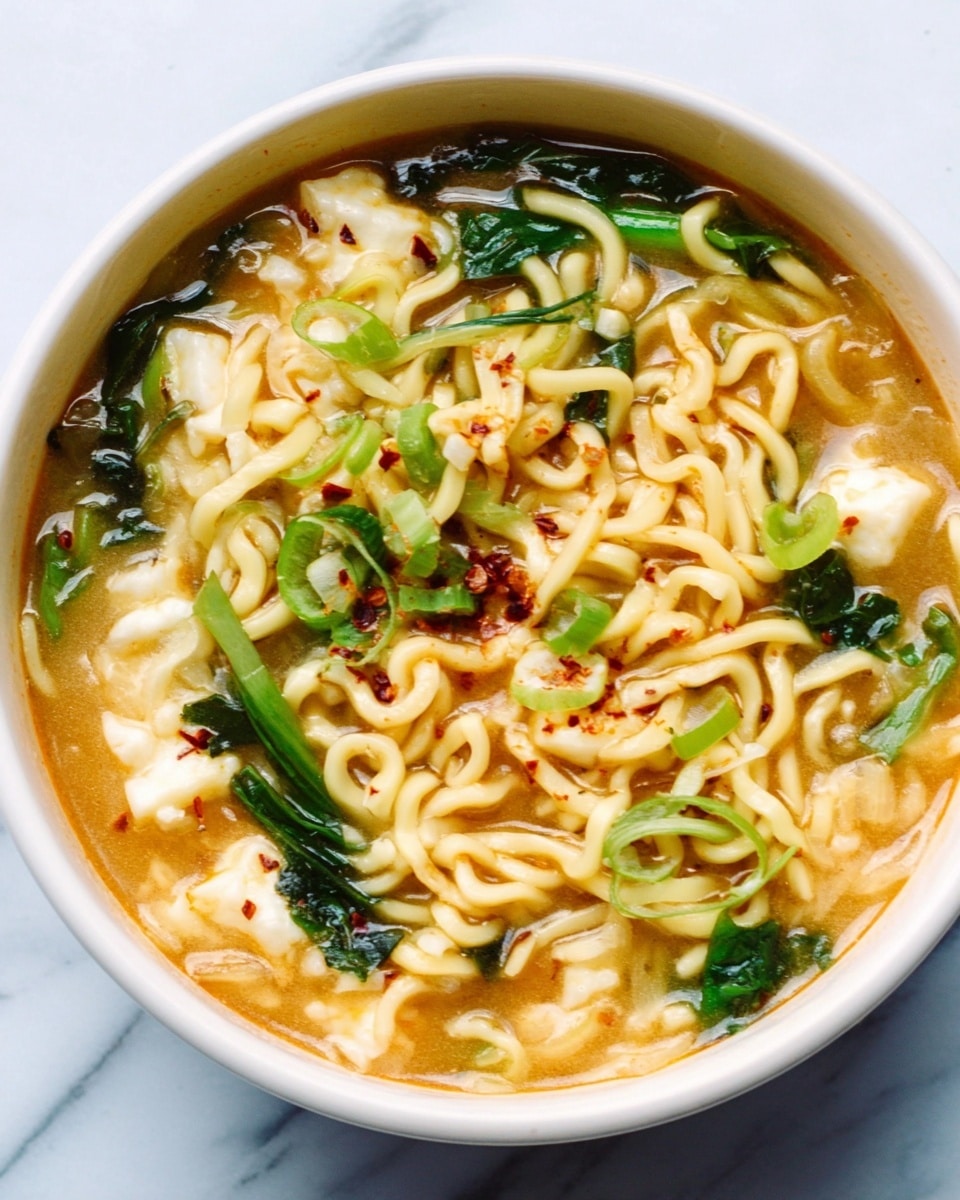 This image shows a white bowl filled with a noodle soup. The soup has three main layers: at the bottom is a light brown broth with a smooth texture, on top of it are yellow noodles that look soft and slightly thick, and floating above the noodles are pieces of light-colored vegetable or tofu, along with green leafy vegetables mixed evenly throughout. There are small specks of red seasoning on the surface giving a slight contrast. The bowl is placed on a white marbled surface. The photo appears clear and bright, taken with an iphone --ar 4:5 --v 7
