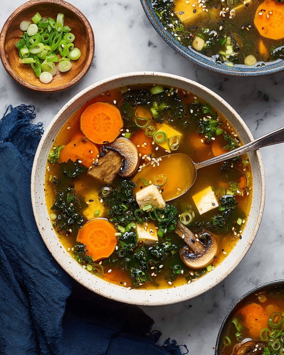 A deep white bowl filled with clear broth shows several layers: big round orange carrot slices, light brown whole shiitake mushrooms, small pale yellow tofu cubes, dark green kale leaves, and chopped green onions floating on top. Black sesame seeds are sprinkled throughout the soup, adding small dots of contrast. A silver spoon inside the bowl holds a piece of mushroom and some kale. The bowl sits on a white marbled table with a dark blue cloth partially visible. Another smaller white bowl with the same soup is nearby, along with a small wooden bowl containing sliced green onions. Photo taken with an iphone --ar 4:5 --v 7