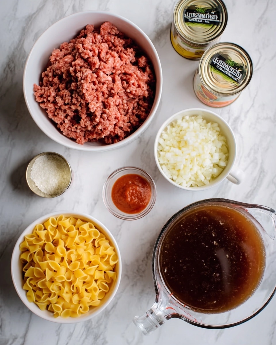 The image shows several cooking ingredients arranged on a white marbled surface. There is a white bowl filled with raw ground meat, a white cup with yellow macaroni pasta, and a white bowl with finely chopped onions. Small clear round bowls contain spices and grated cheese, and there are two cans of crushed and plain tomato sauce. In the bottom right corner, a large clear measuring cup holds dark brown broth. The items are spread evenly, with the white marbled surface visible around them. photo taken with an iphone --ar 4:5 --v 7