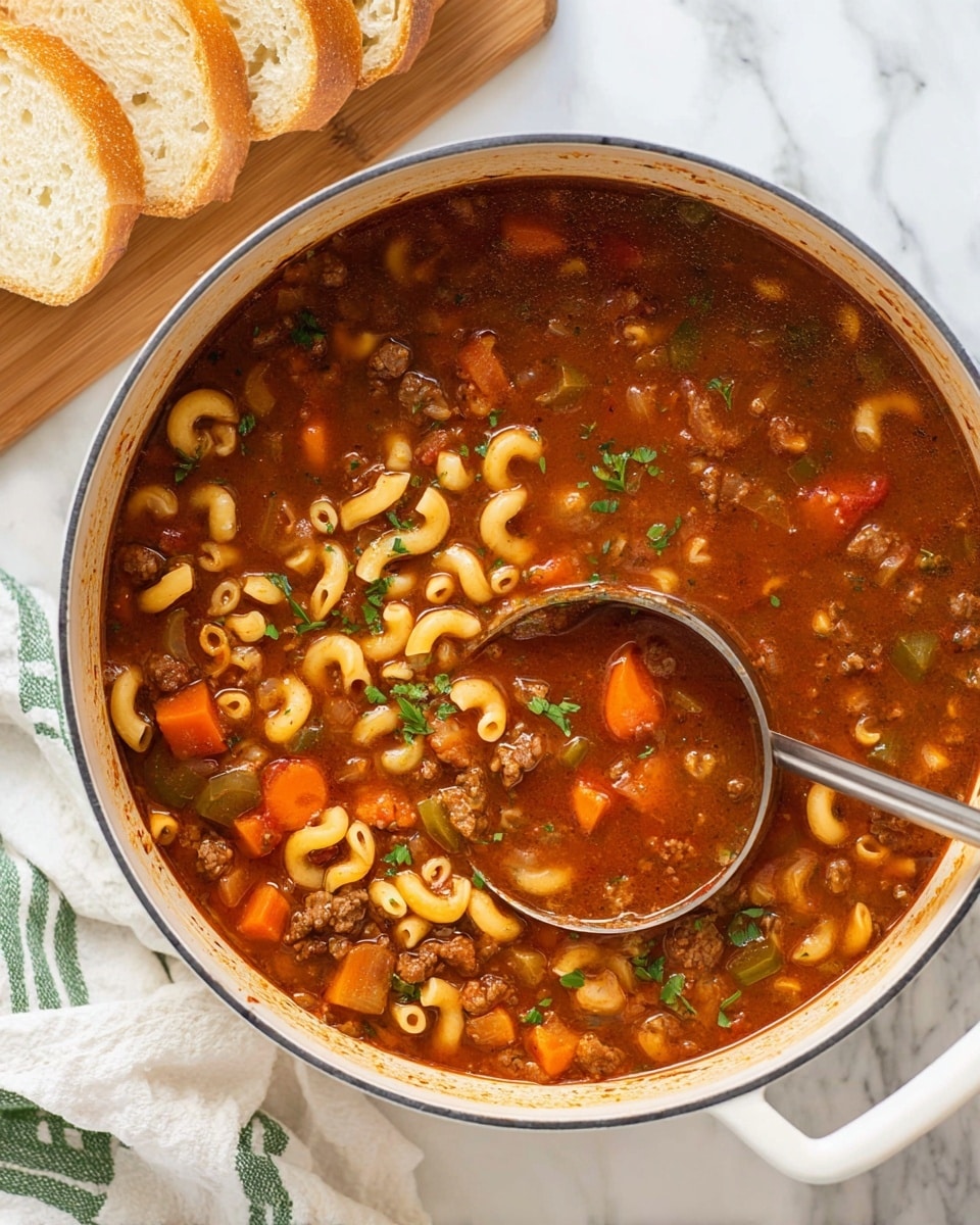 A large white pot filled with rich soup that has three visible layers: a deep reddish-brown broth base with small meat pieces, bright orange carrot chunks, and scattered green herbs. The soup also contains pale yellow elbow macaroni noodles floating throughout. A shiny metal ladle is resting inside the pot on the right side. The pot is placed on a white marbled surface with a wooden board holding sliced white bread with a golden crust on the top left. Near the bottom left corner, a white towel with green stripes is partially visible. Photo taken with an iphone --ar 4:5 --v 7