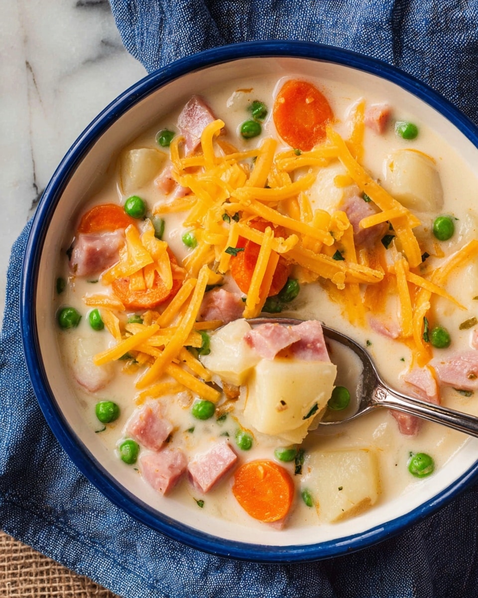 A bowl filled with creamy white thick soup showing layers of diced pink ham, bright orange carrot slices, green peas, and soft white potato pieces mixed throughout. On top, there is a generous layer of shredded orange cheese scattered evenly. A spoon is scooping a portion, displaying the soup's chunky texture with visible bits of ham, vegetables, and cheese. The bowl is white with a blue rim and sits on a white marbled surface with a blue cloth nearby. photo taken with an iphone --ar 4:5 --v 7