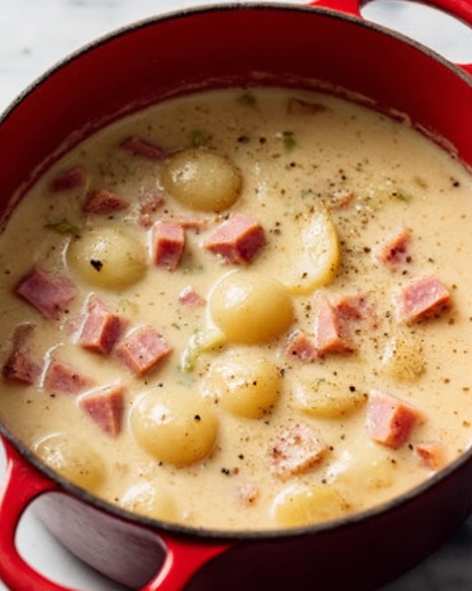 A close-up view of a red pot filled with creamy soup containing small round potatoes and pink cubes of ham. The soup base is thick and light beige, with visible small black pepper specks on the surface. The ham pieces float on top, adding a contrasting pink color, while the potatoes are slightly submerged and have a smooth, shiny texture. The pot is on a white marbled surface, giving a clean and bright background. photo taken with an iphone --ar 4:5 --v 7
