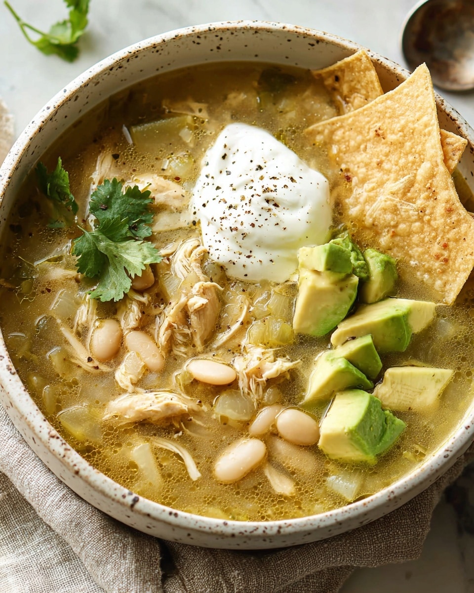 A white speckled bowl filled with a warm greenish broth soup containing shredded light-colored chicken pieces and small round white beans layered evenly throughout. On top, there is a dollop of white creamy sour cream sprinkled with black pepper near the center. To the right side, there are several light beige tortilla chips slightly immersed and resting on the soup's surface. Below the chips, fresh light green sliced avocado pieces add color contrast, while a small sprig of fresh green cilantro sits near the center left. The bowl is placed on a light-colored cloth and a white marbled textured surface. photo taken with an iphone --ar 4:5 --v 7