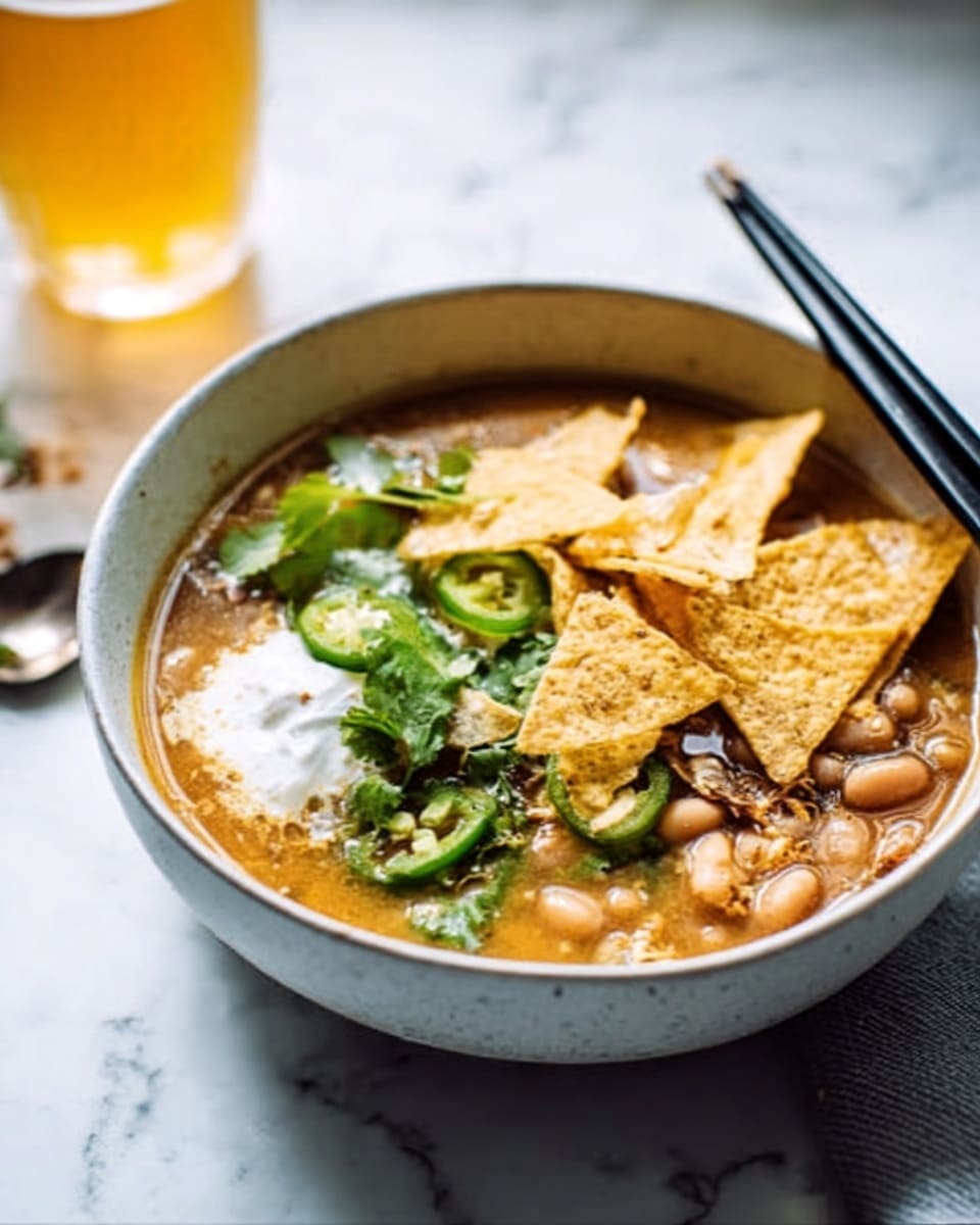 A white bowl with a single layer of soup filled with light brown beans and broth, topped with golden triangle-shaped tortilla chips sitting on top. On the left side of the chips is a dollop of white sour cream. Scattered green slices of jalapeño peppers and a few sprigs of fresh cilantro add green color to the dish. There is a pair of black chopsticks resting on the bowl. The bowl sits on a white marbled surface with a blurred cold beer glass in the background. Photo taken with an iphone --ar 4:5 --v 7
