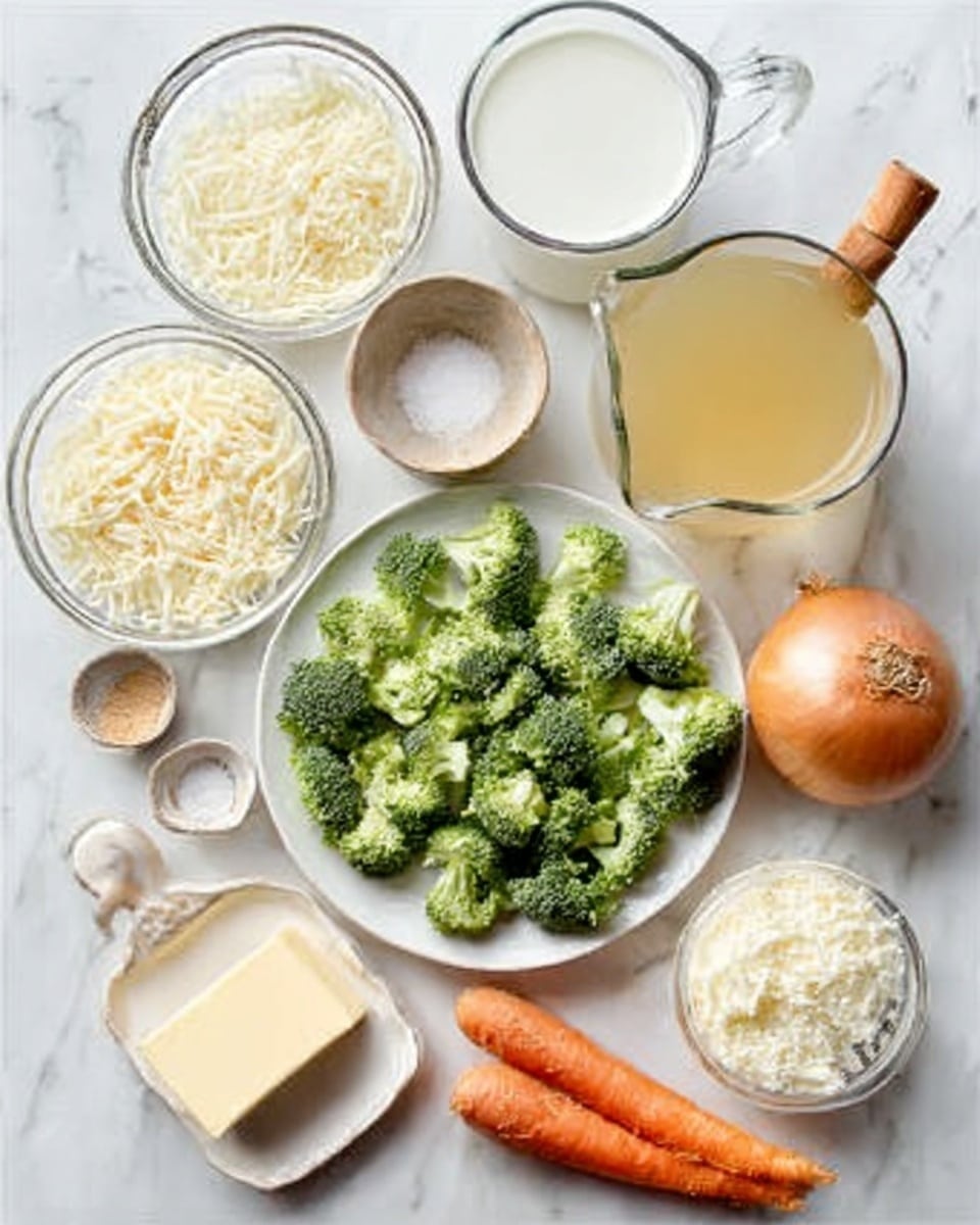 The image shows a white plate full of small green broccoli pieces placed at the center. Around it, there are several clear glass bowls and cups containing different ingredients: a large bowl with shredded white cheese, a cup with clear light yellow broth, a glass cup with white milk, a small bowl with white salt, a small bowl with light beige seasoning, a cube of butter on a white dish with a wooden handle spoon resting next to it, a whole brown onion, and an orange carrot. All items are on a white marbled surface. photo taken with an iphone --ar 4:5 --v 7