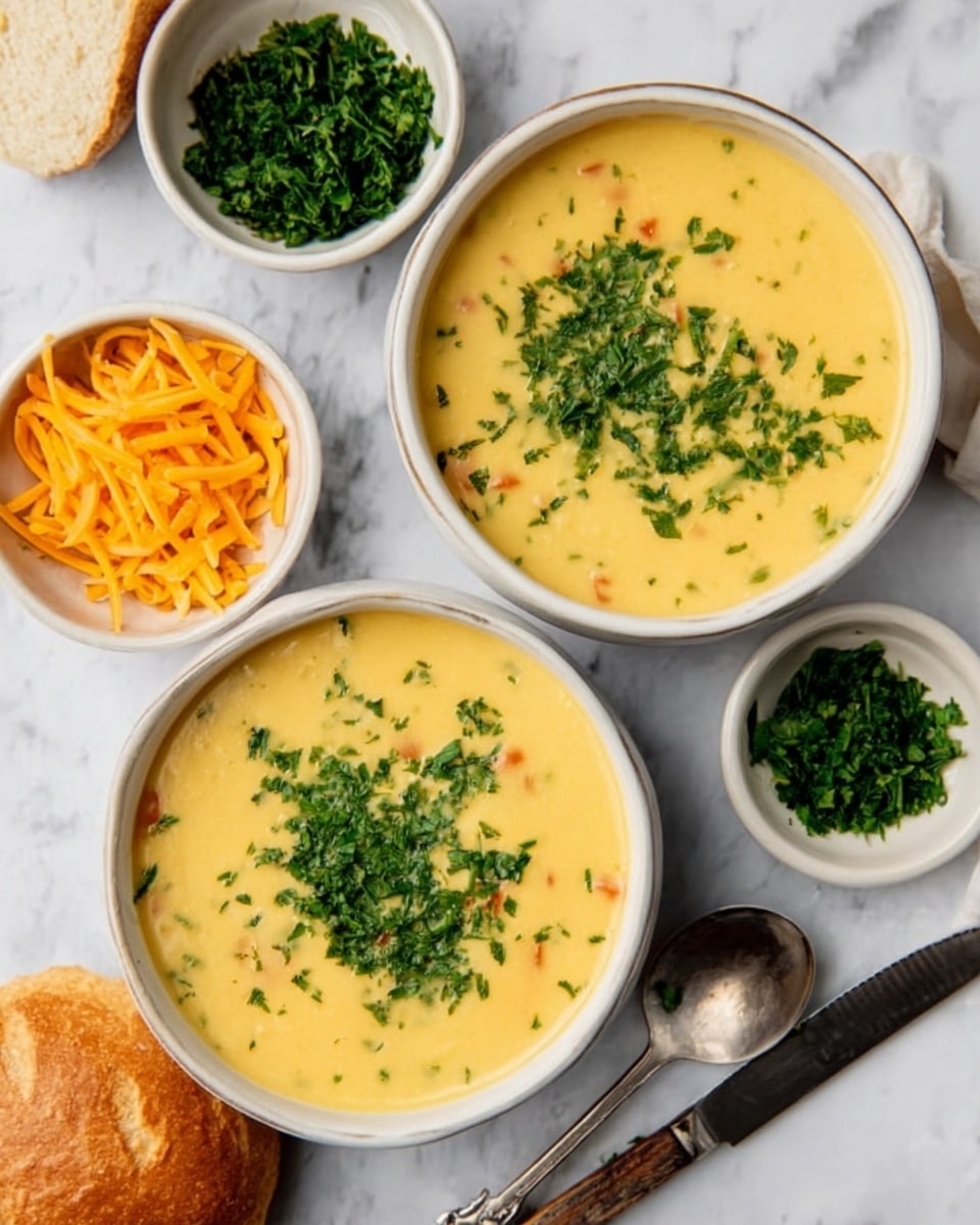 The image shows two white bowls filled with creamy yellow soup topped with chopped green herbs, placed on a white marbled surface. Around the bowls, there are small white bowls containing chopped green herbs and shredded orange cheese. A bread roll with a brown crust and a knife beside it is also seen near the soup bowls. The soup has a smooth texture with some small pieces of vegetables visible in it. photo taken with an iphone --ar 4:5 --v 7