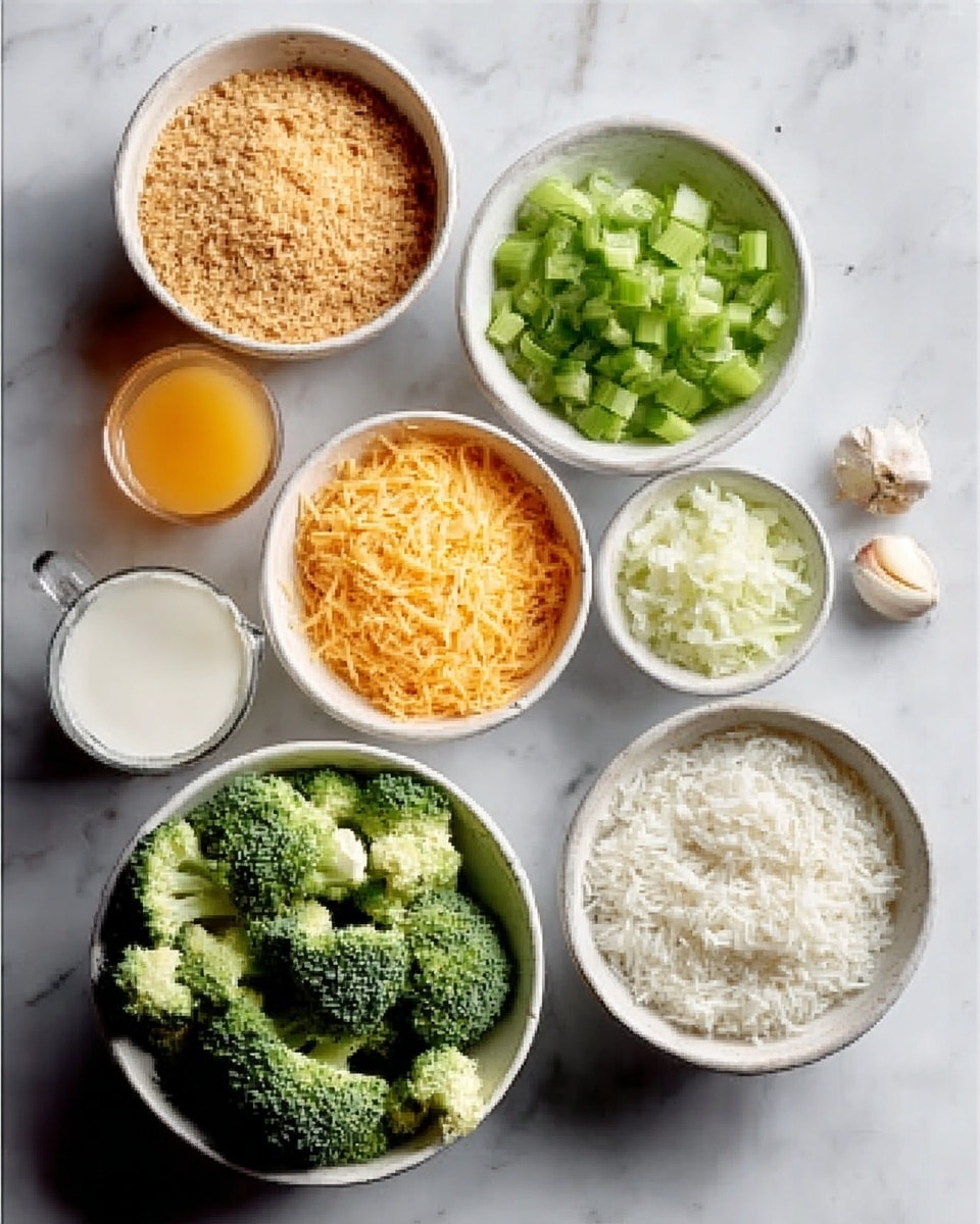The image shows seven white bowls with different ingredients set on a white marbled surface. The top left bowl contains light brown breadcrumbs with a grainy texture. Next to it on the right is a bowl filled with bright green sliced celery pieces, smooth and fresh. Below the breadcrumbs is a bowl holding shredded orange cheese, soft and fluffy, and beside it to the right is a bowl full of cooked white rice, fluffy and moist. At the bottom left, a large bowl holds chunked green broccoli florets with a rough texture, while to the right of it, there is a bowl with finely chopped white onions, slightly translucent. Above the onion bowl, two peeled garlic cloves sit loose on the surface near them. In front of all bowls, there is a small bowl of white liquid (probably milk) and a small glass filled with an orange liquid (likely juice). photo taken with an iphone --ar 4:5 --v 7
