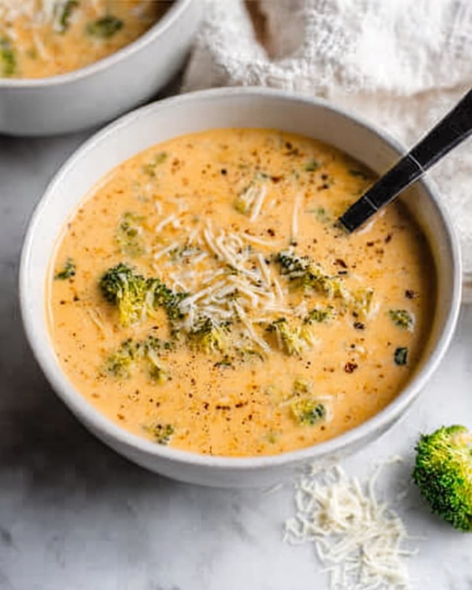 A white bowl filled with creamy light orange soup with visible small broccoli pieces floating throughout. The soup surface has a smooth texture with a sprinkle of black pepper and some finely chopped herbs on top. A black spoon is placed inside the bowl on the right side, partly submerged in the soup. The bowl rests on a white marbled surface, with a small piece of broccoli and some white shredded cheese scattered nearby. In the background, a white cloth is softly blurred, adding a cozy feel. Photo taken with an iphone --ar 4:5 --v 7
