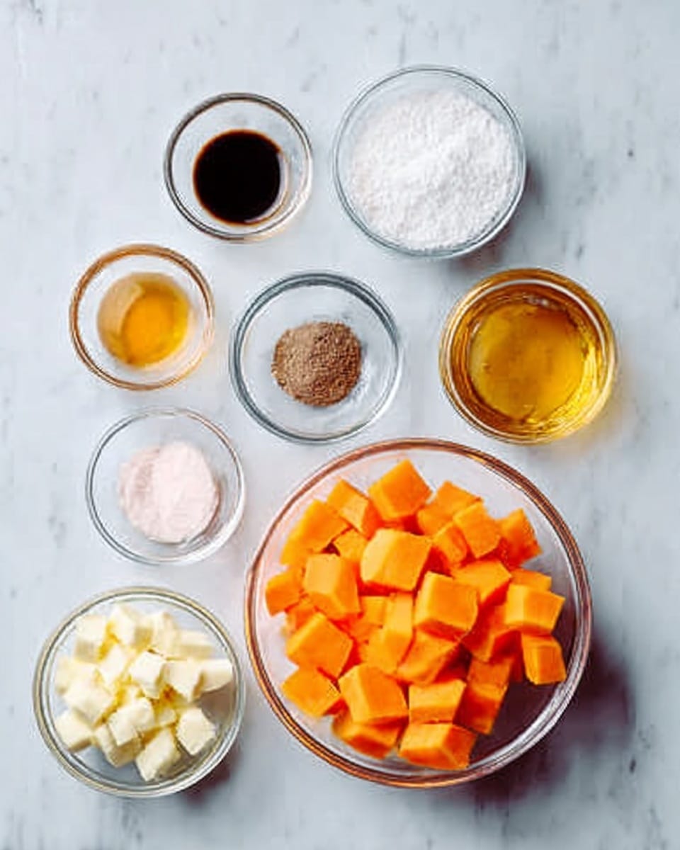 The image shows a white marbled surface with several clear glass bowls and containers arranged neatly. At the center bottom is a bowl filled with bright orange diced pieces of fruit with smooth edges. Around it are small bowls containing white granulated sugar, a dark brown powder, a golden liquid, and another light brown liquid. One container holds small pale cream cubes. There is also a small pile of cream-colored minced pieces on the surface. The overall arrangement is clean and organized, with the light shining softly on the ingredients, making their colors stand out clearly. Photo taken with an iphone --ar 4:5 --v 7