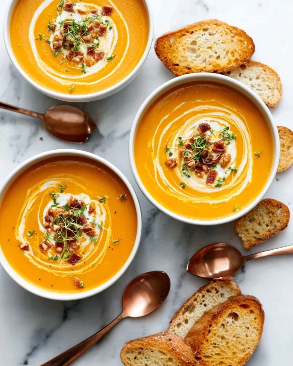 Three white bowls filled with smooth orange soup are placed on a white marbled surface. Each bowl has a swirl of white cream on top, with some small green herbs and tiny pieces of bacon or nuts in the center of the swirl. Around the bowls, there are several toasted round slices of bread with a golden brown crust. Two copper spoons rest near the bowls, adding a warm metallic touch to the scene. photo taken with an iphone --ar 4:5 --v 7