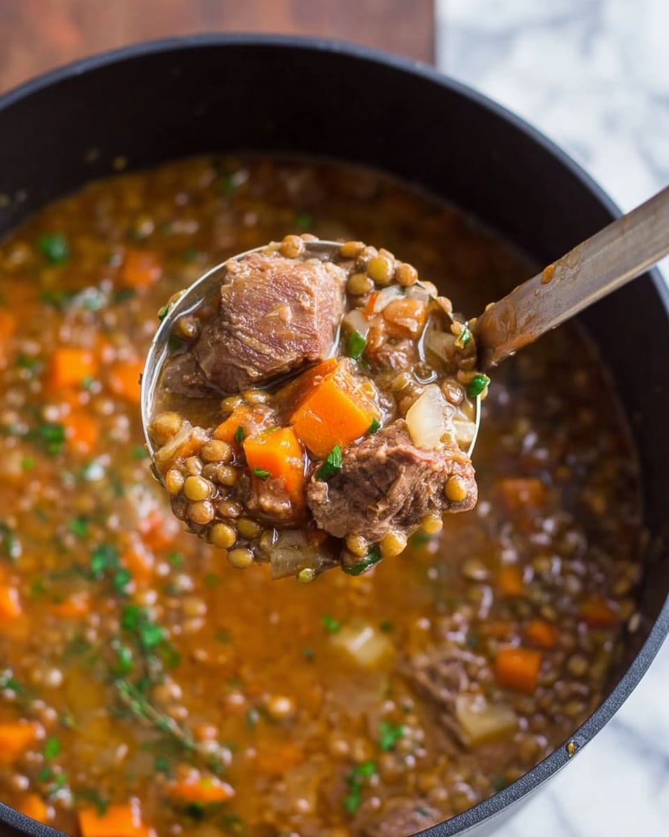 A close-up shot of a ladle lifting a scoop of thick stew from a black pot. The stew has three main layers visible in the ladle: large soft brown chunks of meat as the top layer, bright orange carrot pieces mixed with small beige lentils forming the middle layer, and a light brown, slightly thick broth with small bits of onion and green herbs as the bottom layer. The pot is filled with the same stew showing a mix of brown lentils, orange carrots, meat, and bits of herbs scattered throughout. The background is a white marbled surface. Photo taken with an iphone --ar 4:5 --v 7