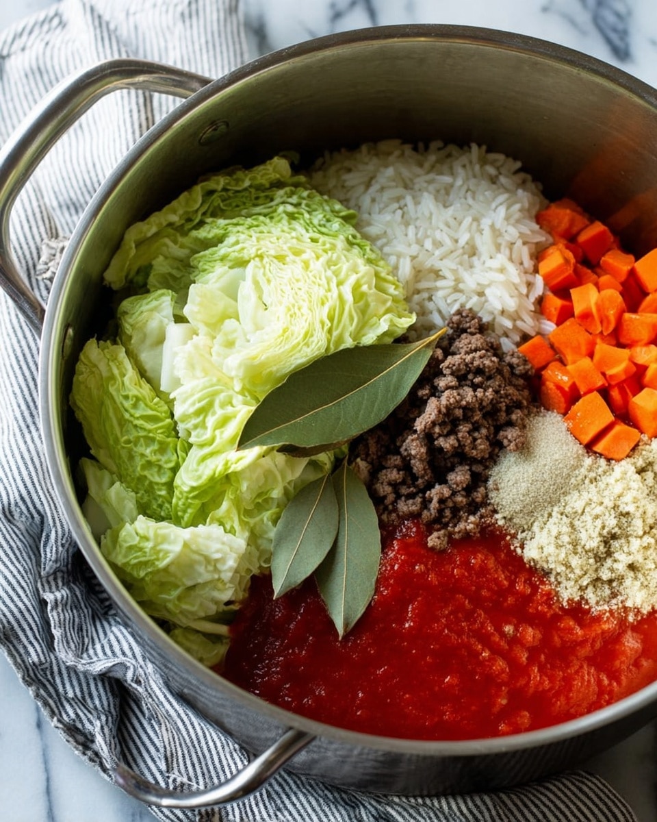 A large silver pot shows many uncooked ingredients placed separately inside. One section has white uncooked rice grains, next to it is a pile of bright green cabbage leaves, roughly torn. There is a clump of dark brown ground meat near the cabbage. A heap of light brown powder and some bright orange diced carrots are beside the meat. A pool of red tomato sauce fills another part of the pot. Two green bay leaves sit on top of the rice and cabbage. The pot is on a white marbled surface, with a striped cloth nearby. photo taken with an iphone --ar 4:5 --v 7