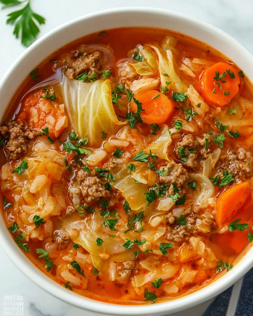 A white bowl filled with a rich, red-orange soup containing several layers: the top layer has chopped green parsley sprinkled evenly, below it are large pieces of soft, light yellow cabbage leaves, scattered chunks of browned ground meat, bright orange carrot slices, and small white rice grains mixed throughout the broth, all sitting on a white marbled surface. photo taken with an iphone --ar 4:5 --v 7