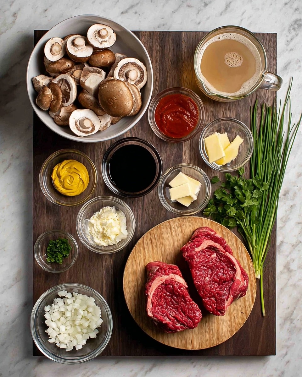 A top view of a dark wooden board with a round, light wooden board on the bottom right holding two raw red meat pieces with white fat. On the top left is a white bowl filled with sliced brown mushrooms showing white inside and textured gills. Scattered around the board are several small clear glass bowls: one with finely chopped white onions at the bottom left, one with a yellow mustard dollop in the center, one with two small pale butter pieces at the right, and one with bright red tomato paste near the top center. Near the mustard bowl is a small black liquid pool in a clear bowl. There are fresh green cilantro and thin chive bunches on the top right. Two clear measuring cups are at the bottom left: one with a light brown broth and one with a white frothy liquid. The entire scene is set against a white marbled textured surface. photo taken with an iphone --ar 4:5 --v 7