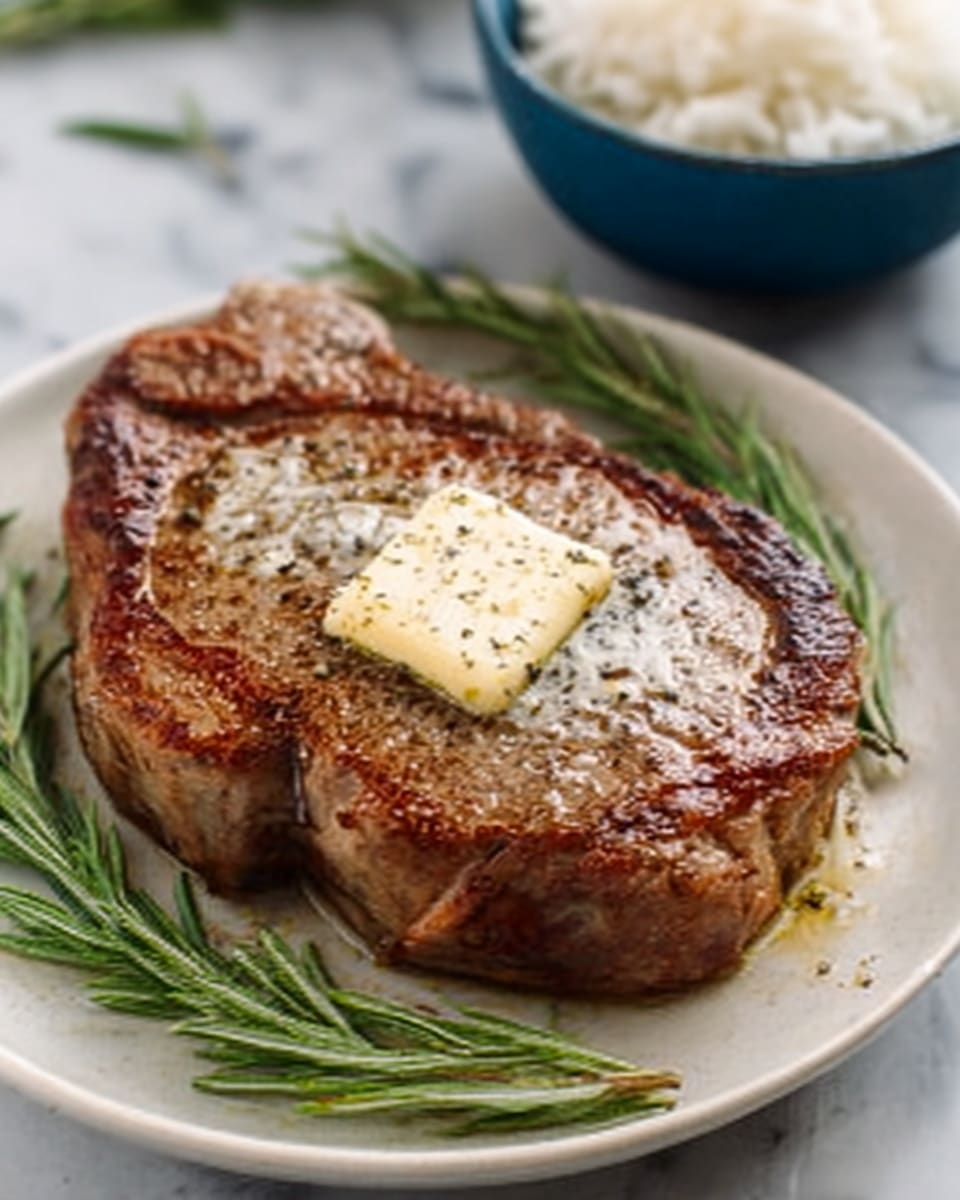 The image shows a thick cooked steak placed in the center of a white plate. On top of the steak, there is a small square piece of melting butter. The steak has a brown and slightly crispy surface with visible black pepper seasoning. Around the steak, there are three green sprigs of rosemary arranged on the plate. The plate is on a white marbled surface. In the background, there is a white bowl filled with white rice. Photo taken with an iphone --ar 4:5 --v 7