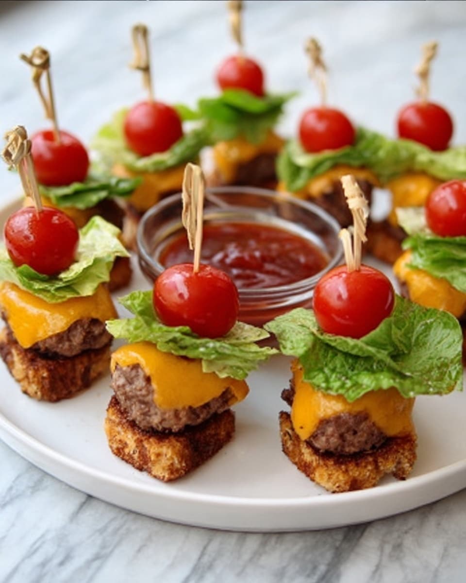 The image shows a white plate with several small burger bites arranged around a small glass bowl filled with red sauce in the center. Each burger bite has three visible layers: a bottom layer of browned cooked meat with a slightly rough texture, a middle layer of melted orange cheese that drapes over the meat, and a top layer of green lettuce with a fresh, leafy texture. On top of the lettuce is a small bright red cherry tomato, all held together by a wooden skewer. The plate is on a white marbled surface. Photo taken with an iphone --ar 4:5 --v 7