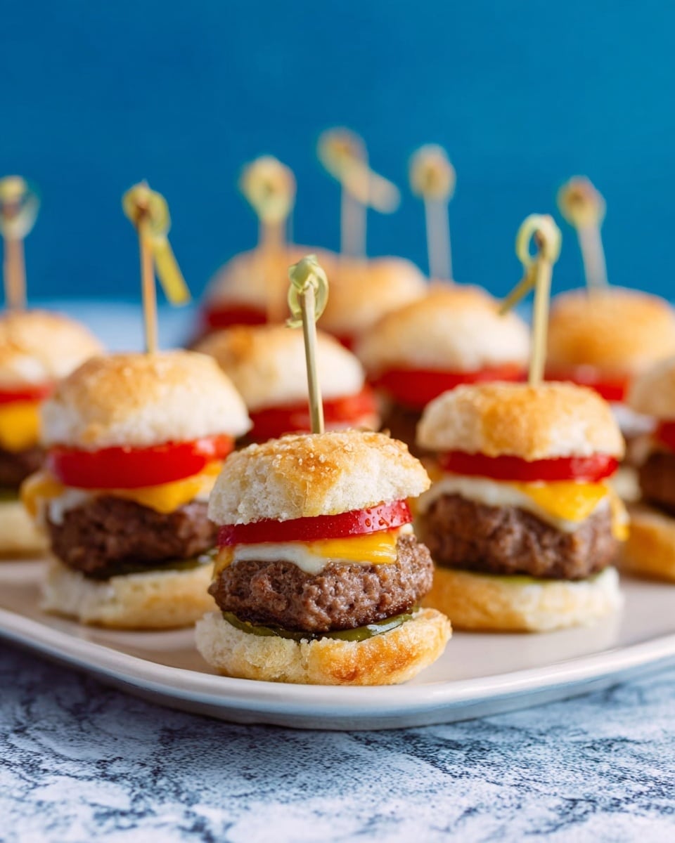 The image shows a white plate with multiple mini burgers arranged in rows. Each mini burger has three visible layers: the bottom layer is a thick, cooked beef patty with a rough brown texture; the middle layer is a smooth slice of red tomato topped with bright yellow melted cheese; and the top layer is a light beige, soft sesame seed bun. A thin wooden pick holds each mini burger together, sticking out from the top. The plate is set against a blue background with a white marbled surface below. Photo taken with an iphone --ar 4:5 --v 7