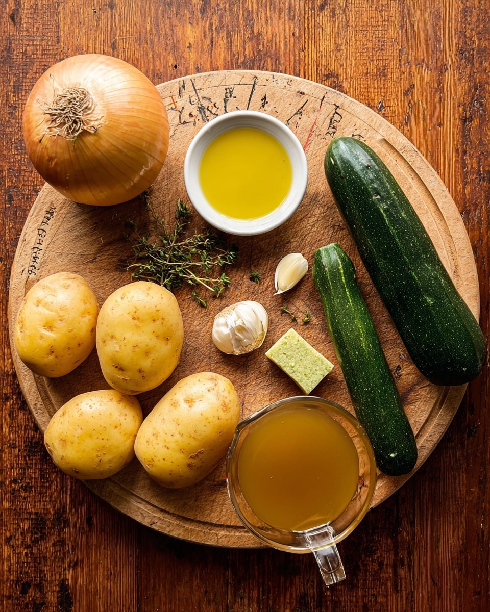 A top view shows a round wooden board on a wooden surface with ingredients neatly arranged. On the left side, there is a whole onion and three yellow potatoes with smooth skins. Near the top center, a small white bowl holds bright yellow olive oil, with two garlic cloves and a small green thyme sprig just to the right. In the middle is a small greenish-yellow cube of vegetable broth, placed between the potatoes and two dark green zucchinis on the right. At the bottom right corner, a clear measuring cup contains a golden broth. The overall scene is warm and rustic photo taken with an iphone --ar 4:5 --v 7