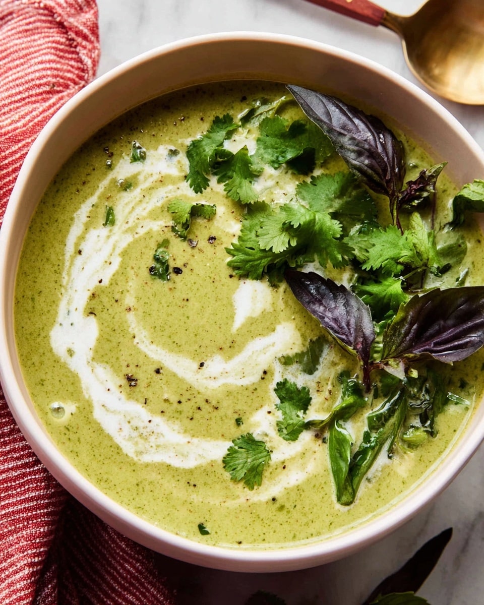 A bowl filled with a creamy green soup that has a smooth, thick texture and a light swirl of white cream on top. The soup is garnished with fresh green cilantro leaves and dark green basil leaves with purple stems placed near the edge of the bowl. The bowl is white and sits on a white marbled surface with a knife and a red and white striped cloth beside it. Photo taken with an iphone --ar 4:5 --v 7