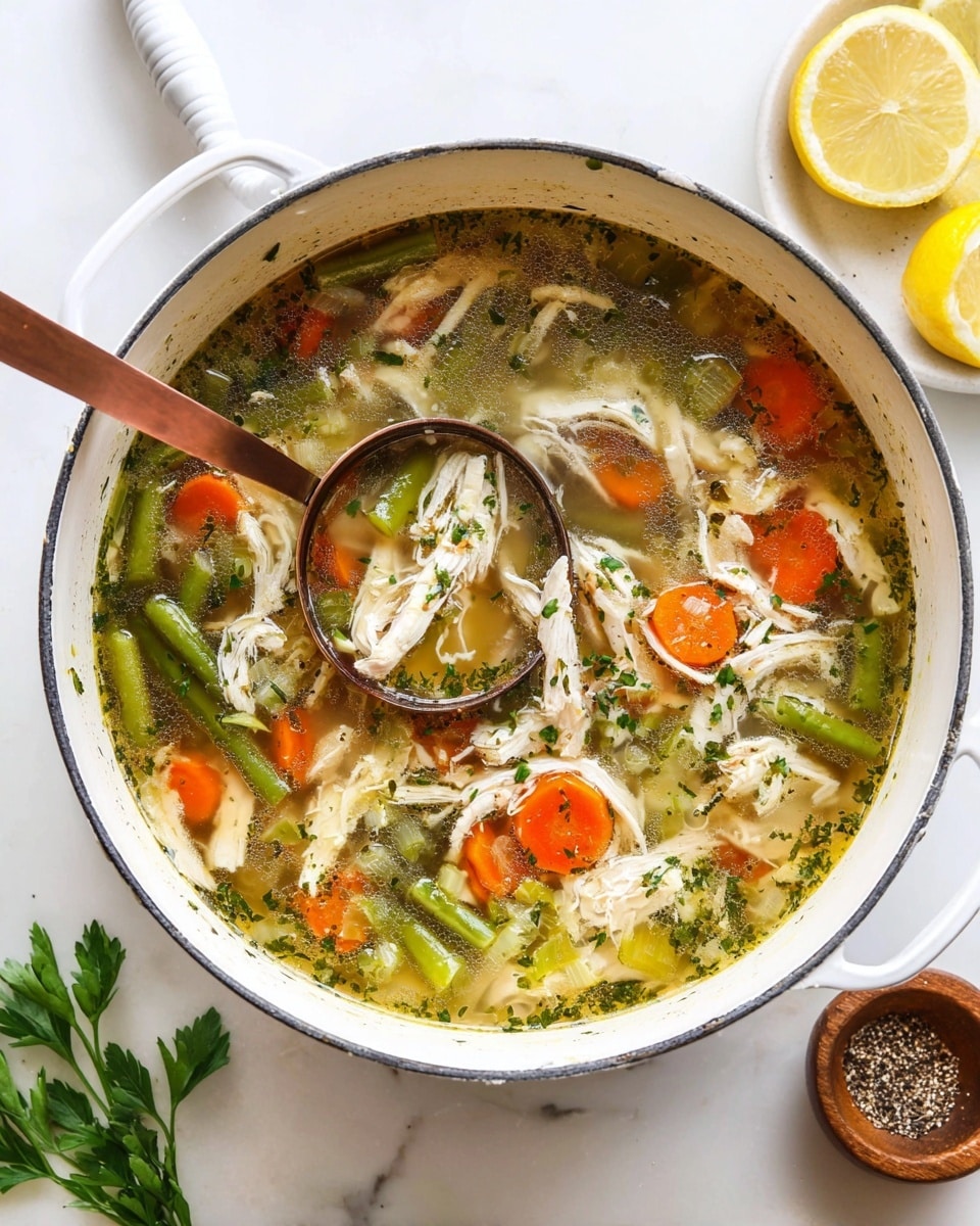 A large white pot filled with clear chicken soup that has visible layers of shredded white chicken, chunky orange carrot slices, green beans cut into pieces, and small celery chunks, all floating in a clear broth with specks of herbs spread throughout. A metallic brown ladle is partially submerged in the soup, scooping some of the chicken and vegetables. The pot sits on a white marbled surface with two lemon wedges and a small white plate with green parsley leaves nearby, along with a wooden bowl of ground black pepper. The scene is bright and clean. photo taken with an iphone --ar 4:5 --v 7