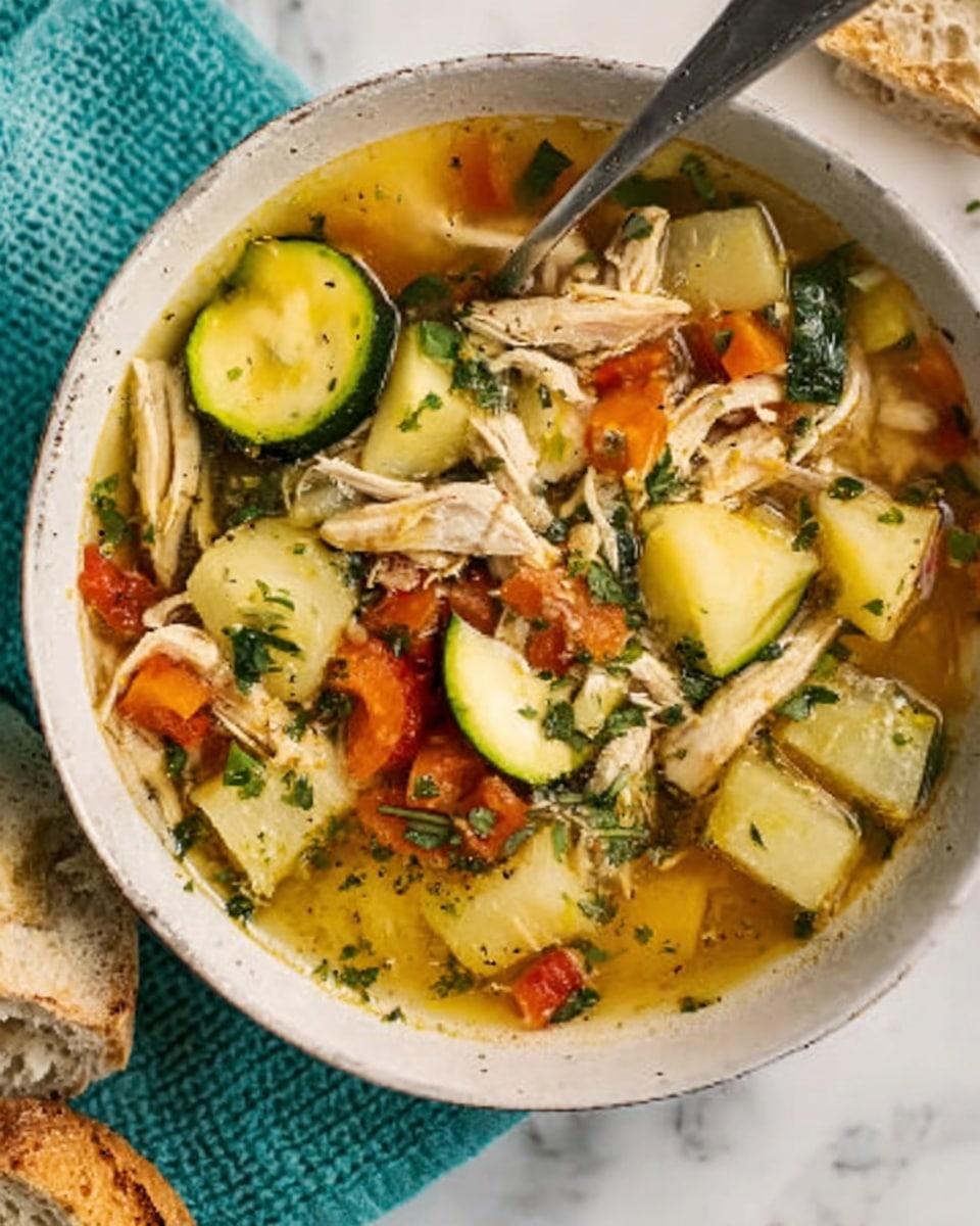 The image shows a white bowl filled with a clear broth soup containing shredded cooked chicken meat and chunks of yellow potatoes. There are slices of light green zucchini floating in the soup, along with chopped red tomatoes and green spinach leaves spread throughout. A silver spoon rests inside the bowl on the right side, and in the foreground, there is a piece of crusty bread with a soft inside on a white marbled surface. The colors are warm and inviting with a mix of light yellows, reds, greens, and brown. Photo taken with an iphone --ar 4:5 --v 7
