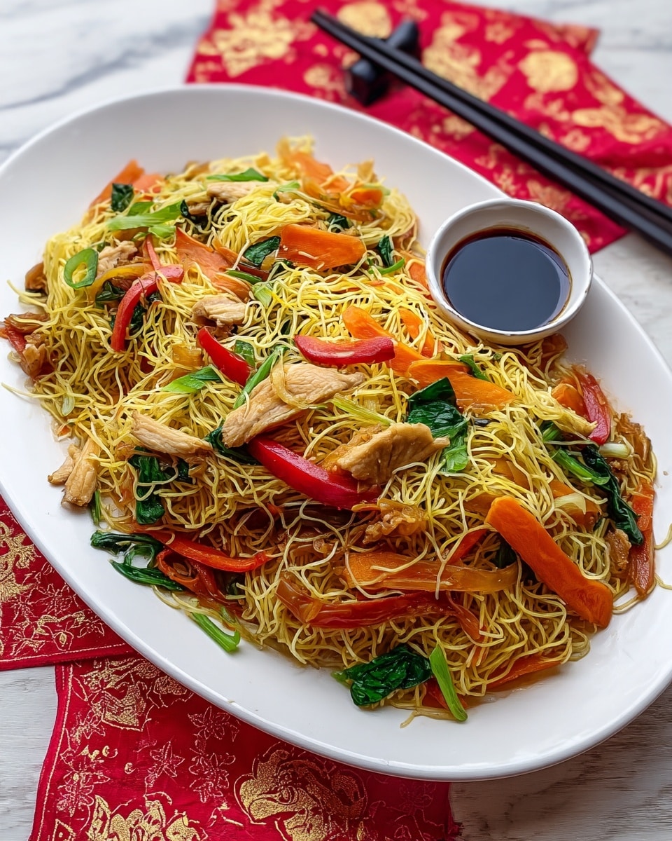 A white oval plate holds a colorful noodle dish with three main layers: the base is thin yellow noodles tangled all over; on top of this are mixed vegetables like bright orange carrot strips, green leafy vegetables, and red bell pepper pieces; scattered throughout are light brown chicken strips adding texture. On the side of the plate is a small white bowl filled with dark sauce. In the background, there is a pair of black chopsticks resting on a red cloth with gold patterns, all placed on a white marbled surface. Photo taken with an iphone --ar 4:5 --v 7