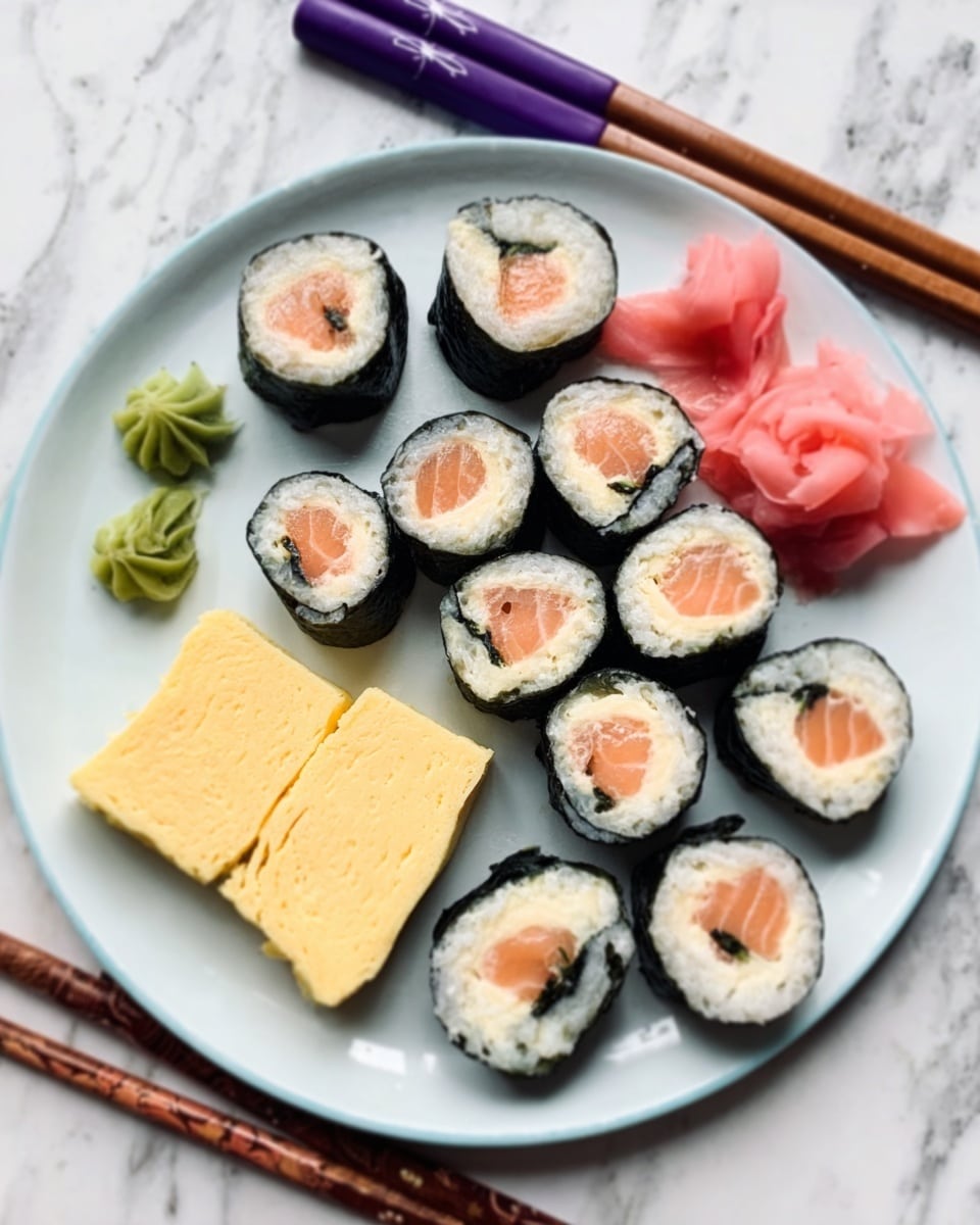 The image shows a white plate on a white marbled surface. On the plate, there are two layers of tamagoyaki, light yellow and smooth in texture, placed at the bottom. Above the tamagoyaki, there are nine pieces of sushi rolls arranged in a circle, each with a dark green seaweed outer layer, a white rice inner layer, and pinkish-orange fish in the center. To the top side of the plate, there are zig-zagged pink pickled ginger pieces and two small green wasabi tubes placed side by side. To the left of the plate, a pair of wooden chopsticks with purple tips rest diagonally. Photo taken with an iphone --ar 4:5 --v 7