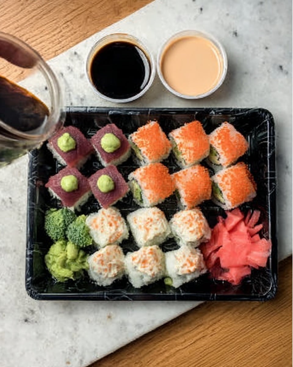 The image shows a black tray with three rows of sushi rolls, each row having four pieces. The first row has sushi topped with dark purple fish and a small dab of green wasabi beneath each piece. The second row features rolls with a light orange topping and small white and green pieces inside. The third row has sushi with a white cream topping and orange fish inside. To the right side of the tray, there is a small pile of pink pickled ginger. Above the tray, two small white containers sit on a white marbled surface, one holding dark soy sauce and the other a creamy light orange sauce. A woman’s hand reaches from the top left corner holding the soy sauce container. Photo taken with an iphone --ar 4:5 --v 7
