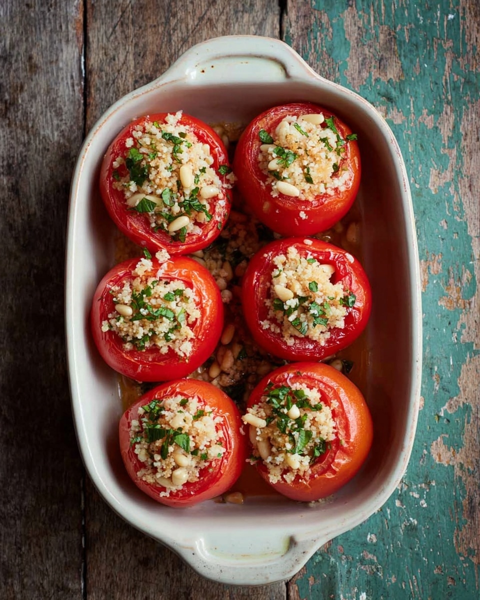 Six stuffed bright red tomatoes sit in a small white ceramic baking dish with handles on both sides. Each tomato is hollowed out and filled with a light beige grain mixture that includes small pale pine nuts and green herb bits. The grains have a fluffy, crumbly texture and gently overfill the top of the tomatoes. The dish rests on a rustic wooden surface showing various dark and faded teal patches. Photo taken with an iphone --ar 4:5 --v 7