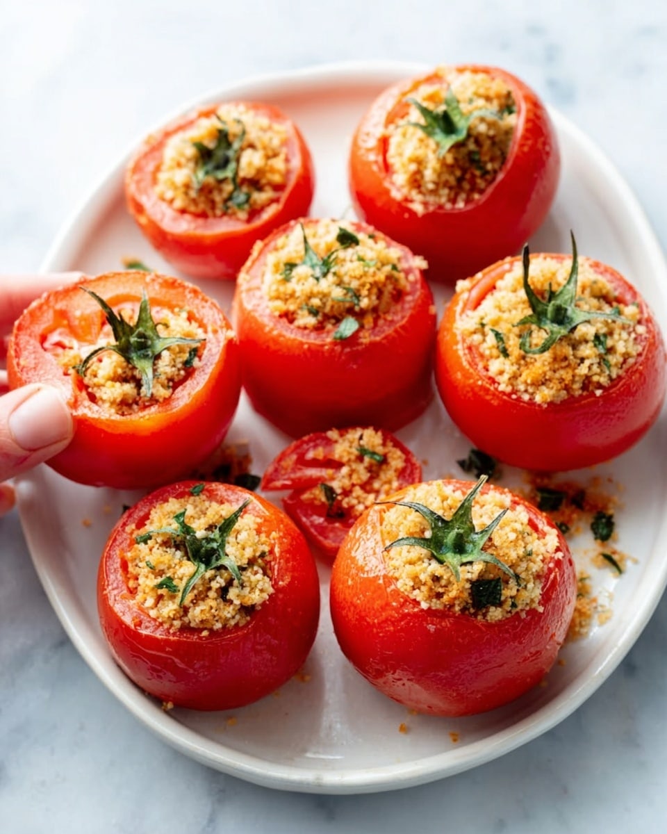 The image shows six round red tomatoes with the tops sliced off and placed back slightly tilted, revealing a filling inside. The filling is crumbly and golden brown with small green herb pieces mixed in. The tomatoes are shiny and fresh, arranged evenly on a white oval plate set on a white marbled surface. A woman's hand holds one tomato, lifting it gently. The scene is bright and clean, focusing closely on the texture of the tomatoes and the filling. photo taken with an iphone --ar 4:5 --v 7