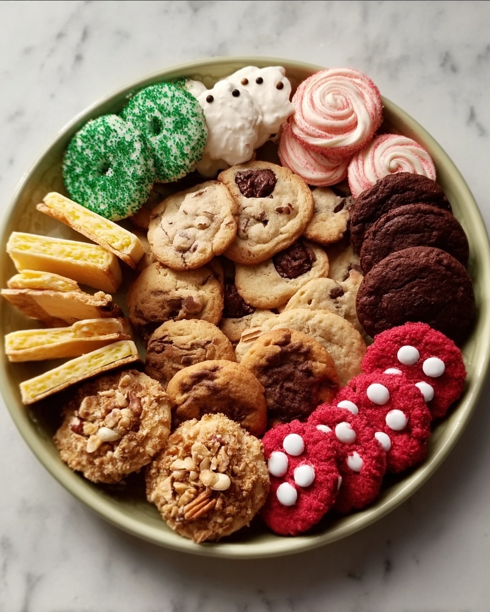 A round white plate filled with an assortment of cookies arranged in layers. Starting at the top left, there are white cookies with green sugar sprinkles, next to swirl pink and white cookies. Below them, light brown cookies with small white eyes and dark spots are placed. Moving clockwise, there are brown cookies with a chocolate center, followed by bright red cookies topped with white candies at the bottom. In the center, there are crumbly cookies with bits of nuts. To the left, square yellow bars with white topping sit next to a stack of dark chocolate cookies. The plate is on a white marbled surface. Photo taken with an iphone --ar 4:5 --v 7