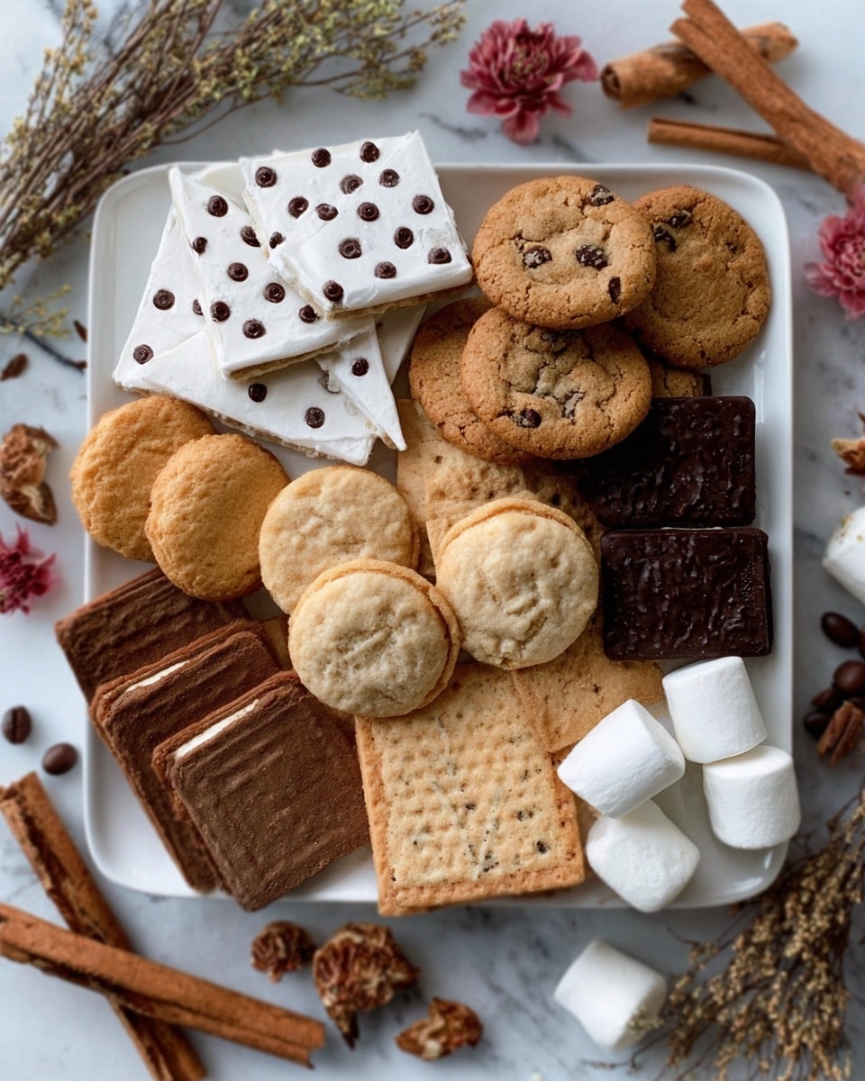 The image shows a white square plate filled with an assortment of cookies and treats. There are three white triangular wafer cookies with chocolate dots on the upper left, surrounded by round chocolate chip cookies in the center. Below them are a few golden brown peanut butter cookies with a crumbly texture. Around the plate's edges are several rectangular chocolate sandwich cookies with cream filling, some marshmallows stacked near the middle, and what looks like pecans and coffee beans scattered on the right side. The background is a white marbled surface with cinnamon sticks and dried flower petals nearby. Photo taken with an iphone --ar 4:5 --v 7