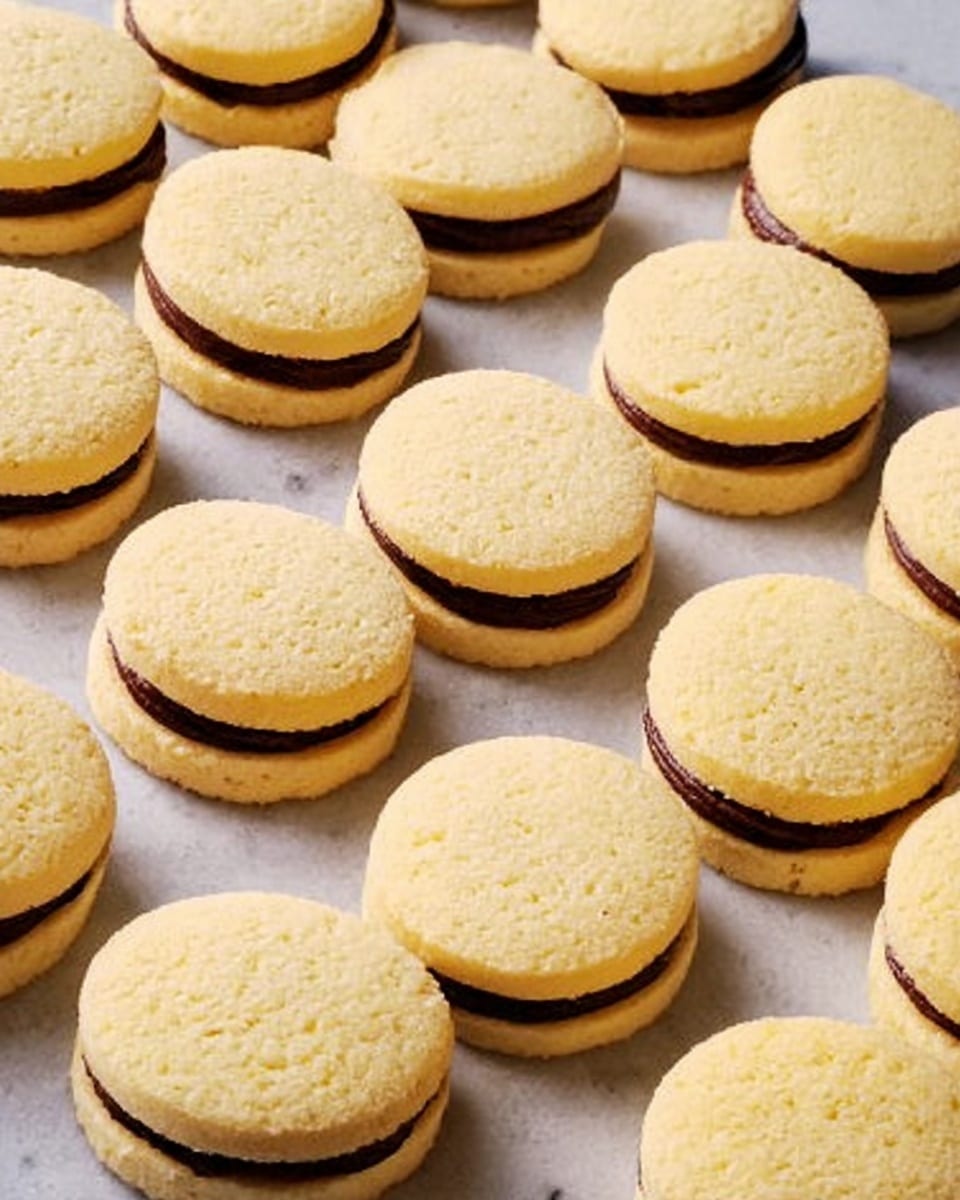 The image shows many small round sandwich cookies arranged in rows on a white marbled surface. Each cookie has two light yellowish-brown biscuit layers with a smooth, darker brown filling in the middle. The biscuits appear slightly crumbly with a matte texture, and the filling looks creamy and even. The cookies are placed close together in neat lines, with the focus on their uniform size and shape. photo taken with an iphone --ar 4:5 --v 7