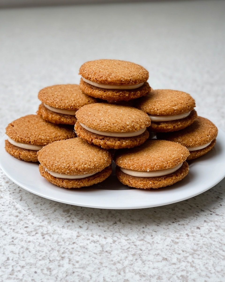 A white plate holds a neat stack of round sandwich cookies, about ten in total, arranged in a small pile. Each cookie consists of two golden-brown, lightly textured biscuit layers with a smooth, light beige filling sandwiched in between. The top and bottom biscuit layers have a slightly rough, grainy surface, while the filling in the middle looks creamy and soft but firm enough to hold its shape. The plate rests on a white marbled surface, creating a clean and simple setting. photo taken with an iphone --ar 4:5 --v 7