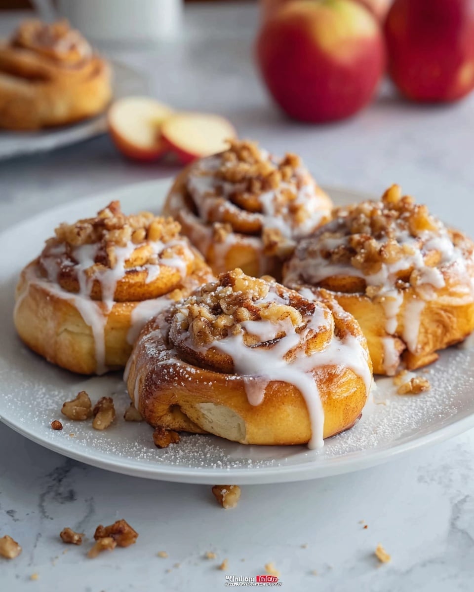 Four cinnamon rolls with a golden brown, shiny crust are arranged on a white plate. Each roll has a spiral shape with a thick layer of white icing drizzled over the top, creating uneven lines that drip slightly down the sides. On top of the icing are crumbly pieces of streusel and a light dusting of powdered sugar. The plate sits on a white marbled surface with a few crumbs scattered around. In the background, some red apples are slightly out of focus. Photo taken with an iphone --ar 4:5 --v 7