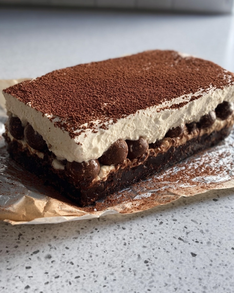 A rectangular layered dessert sits on crumpled foil over a white marbled surface. The bottom layer is dark brown with a slightly rough texture that looks like a chocolate base. Above it is a middle layer made of small round pieces, darker and smooth, resembling chocolate or coffee-flavored spheres tightly packed together. The top layer is thick and creamy white with a textured surface sprinkled evenly with fine dark brown powder. The overall look is soft but structured, with clean edges and a slight unevenness in the whipped layer. photo taken with an iphone --ar 4:5 --v 7