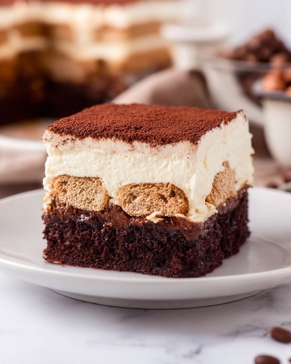 The image shows a slice of layered dessert on a white plate. The bottom layer is thick, dark brown, and looks rich and dense like chocolate cake or brownie. Above it is a creamy white layer with a texture that looks soft and smooth. On top of this creamy layer are pieces of light brown, porous biscuits or ladyfingers, arranged in a single layer. Another creamy white layer covers the biscuits, smooth and thick. The dessert is topped with a fine dusting of dark cocoa powder, giving a slightly textured dark brown surface. The background is a white marbled surface, with more dessert and coffee beans softly blurred in the back. Photo taken with an iphone --ar 4:5 --v 7