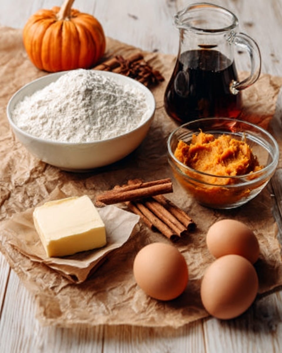 The image shows a wooden table with baking ingredients arranged neatly on it. There is a large white bowl filled with white flour, a small clear glass bowl of orange pumpkin puree, three brown eggs resting directly on the table, a stick of butter partly wrapped in paper, two cinnamon sticks crossed in front, and a clear glass pitcher filled with dark maple syrup. A small orange pumpkin is visible in the background. The surface under everything is a white marbled texture photo taken with an iphone --ar 4:5 --v 7