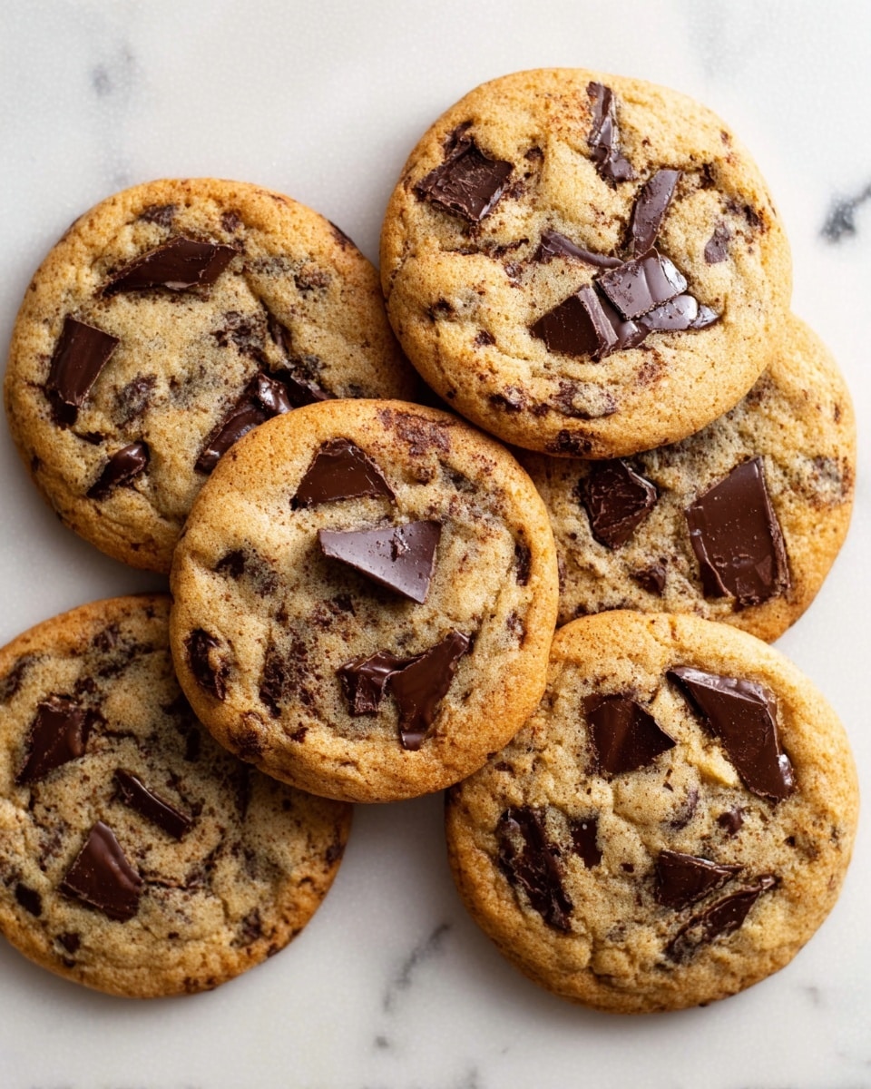 The image shows five chocolate chip cookies placed on a white marbled surface. Each cookie is round and flat with a light brown, slightly crispy outer edge and a soft, slightly golden center. Dark brown chunks of chocolate are scattered unevenly on the top of each cookie, some larger and some smaller, giving a rich, textured look. The cookies vary slightly in size and overlap each other gently, with the focus on the top cookie that is centered. The light reflects softly on the chocolate pieces, showing their smooth texture against the crumbly dough. photo taken with an iphone --ar 4:5 --v 7