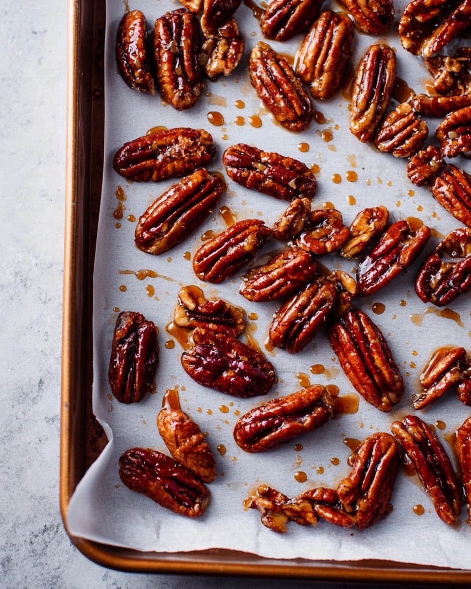 This image shows a baking tray lined with white parchment paper on a white marbled textured surface. On the paper, there are roasted pecan nuts with a shiny, sticky caramel coating, scattered evenly across the tray. The pecans have a rich brown color with some darker caramel spots, and a glossy texture that makes them look fresh and crunchy. Around the pecans, there are small dots and streaks of caramel sauce, adding extra texture to the scene. Photo taken with an iphone --ar 4:5 --v 7