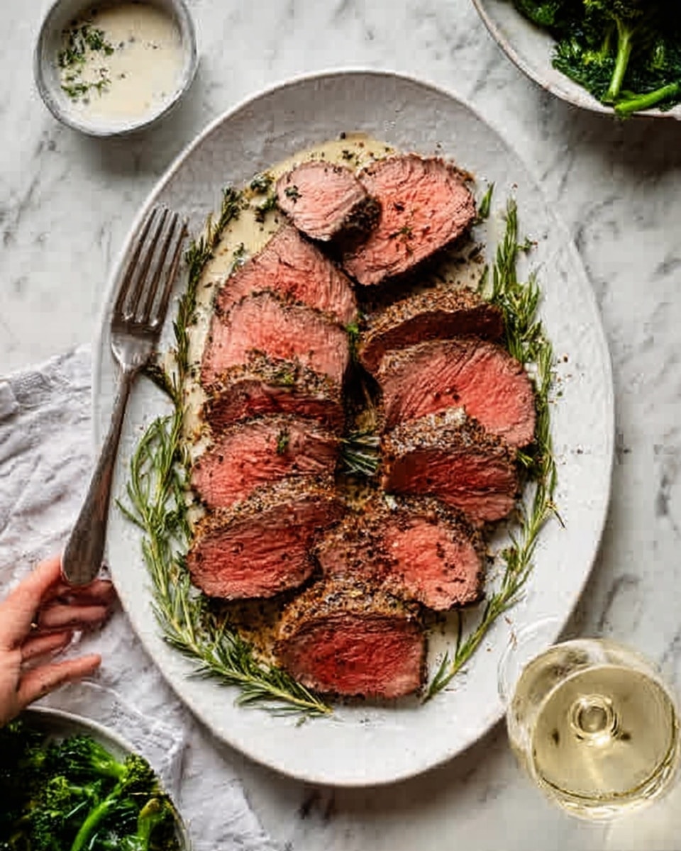 The image shows a white oval plate on a white marbled surface with several slices of medium-rare cooked meat arranged in two overlapping rows. The meat has a brown, crusted outer layer and a pinkish-red inside, with visible seasoning on the edges. Underneath and around the meat slices, there are green herbs, likely rosemary and thyme, adding color and texture. To the left of the plate, a woman's hand holds a fork resting on the plate's edge. There is a small white bowl with a green sauce or dressing in it in the top left corner, and a white bowl filled with leafy green vegetables is placed on the right side. Near the bottom right corner, a glass of white wine sits on the white marbled surface. The photo taken with an iphone --ar 4:5 --v 7