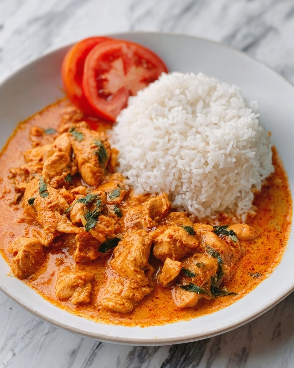 A white plate with two main sections: on one side there is a mound of fluffy white rice with a soft texture, and on the other side there is a thick, orange curry with visible pieces of chicken and some green herbs mixed in. The curry has a creamy and smooth look, with chunks of chicken that are coated well in the sauce. The plate is set on a white marbled surface, and part of a sliced tomato can be seen nearby. Photo taken with an iphone --ar 4:5 --v 7