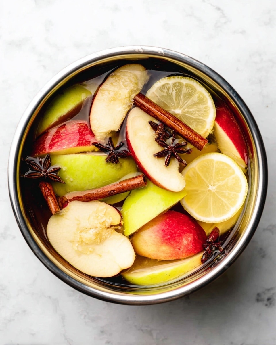 A top view of a metal bowl filled with sliced apples in red and green colors, large pieces of lemon, cinnamon sticks, and star anise floating in clear liquid. The apple slices show soft textures with some seeds visible, while the lemon pieces have a bright yellow color with a smooth surface. The cinnamon sticks are brown and rough, and star anise adds a dark brown star-shaped detail scattered in the bowl. The bowl is placed on a white marbled surface. Photo taken with an iphone --ar 4:5 --v 7